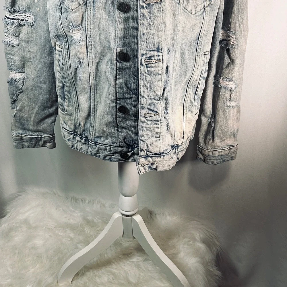 Grindhouse Denim Mens‎ Large Light Wash Distressed Ripped Jean Trucker Jacket